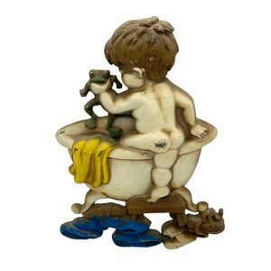 Little Boy at Bath Time Wall Hanging Decor Vintage 1970s Sexton Kitsch Metal